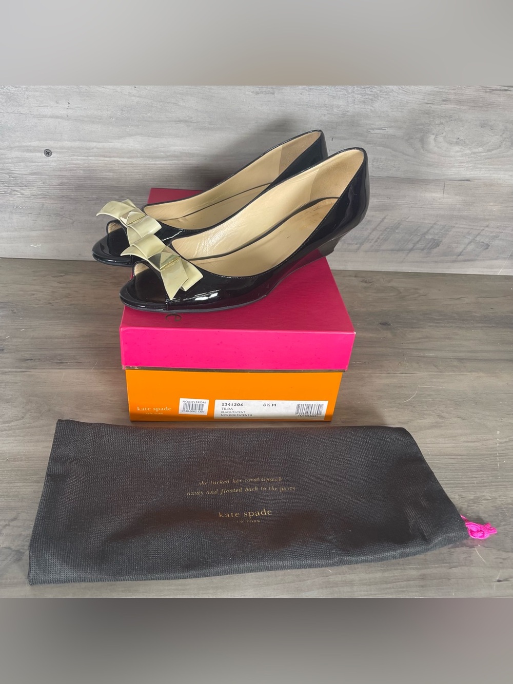 Kate Spade 8.5 Tilda Black Patent Doe Bow Stud Slip On Low Wedges W/Box And Bag‎